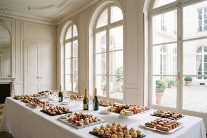 Table de réception élégante du Cercle Traiteur à Paris avec canapés raffinés et décoration sobre dans un salon haussmannien