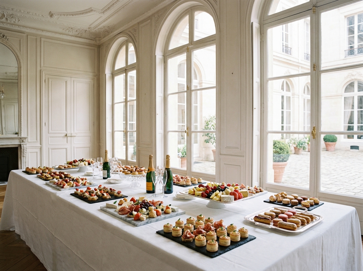Table de réception élégante du Cercle Traiteur à Paris avec canapés raffinés et décoration sobre dans un salon haussmannien