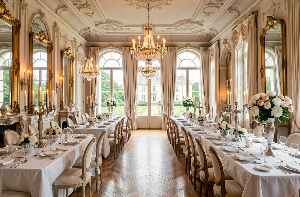 Salle de restaurant gastronomique du Château de Rochecotte à Saint-Patrice avec décor XIXe siècle