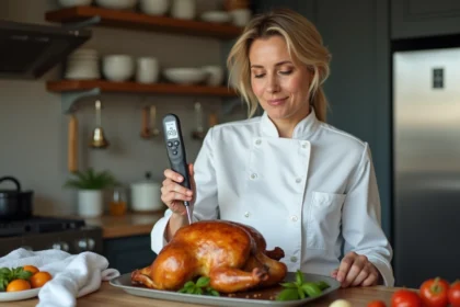 Chef femme utilisant un thermometre pour poulet rôti