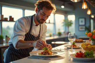 Chef en cuisine moderne dressant un plat gourmet avec fraîcheur