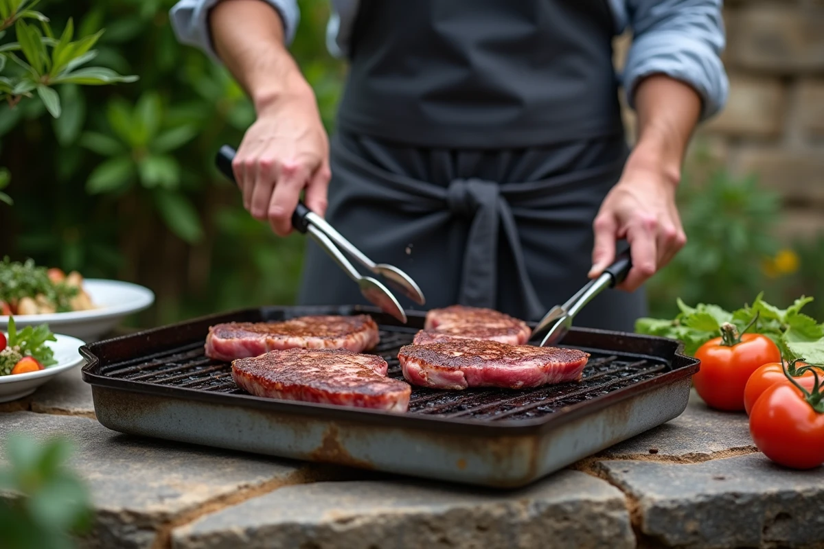 Chef cuisinier faisant griller des pavés de chevreuil marinés sur une plancha en fonte à l'extérieur