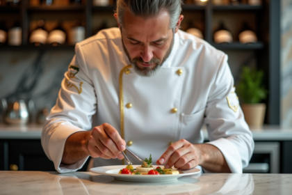 Chef en cuisine raffinée en train de dresser un plat