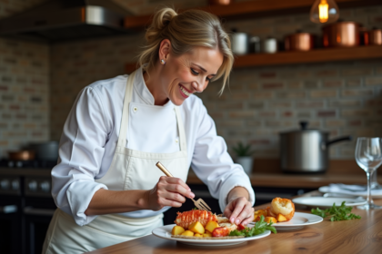Femme chef en cuisine avec pommes de terre dorées et homard