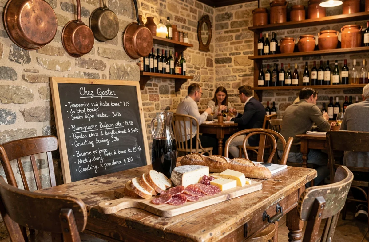 Table bistronomique chaleureuse avec charcuterie et vin de Loire au restaurant Chez Gaster à Tours