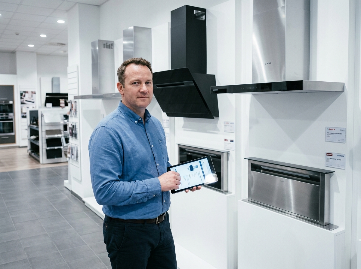 Homme consultant une tablette dans un showroom d'électroménager devant un mur exposant plusieurs modèles de hottes aspirantes pour cuisine ouverte