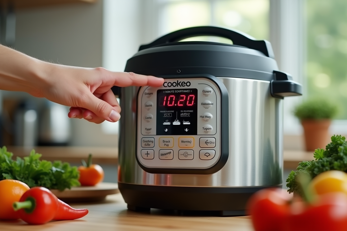 Main appuyant sur Cookeo avec légumes frais autour