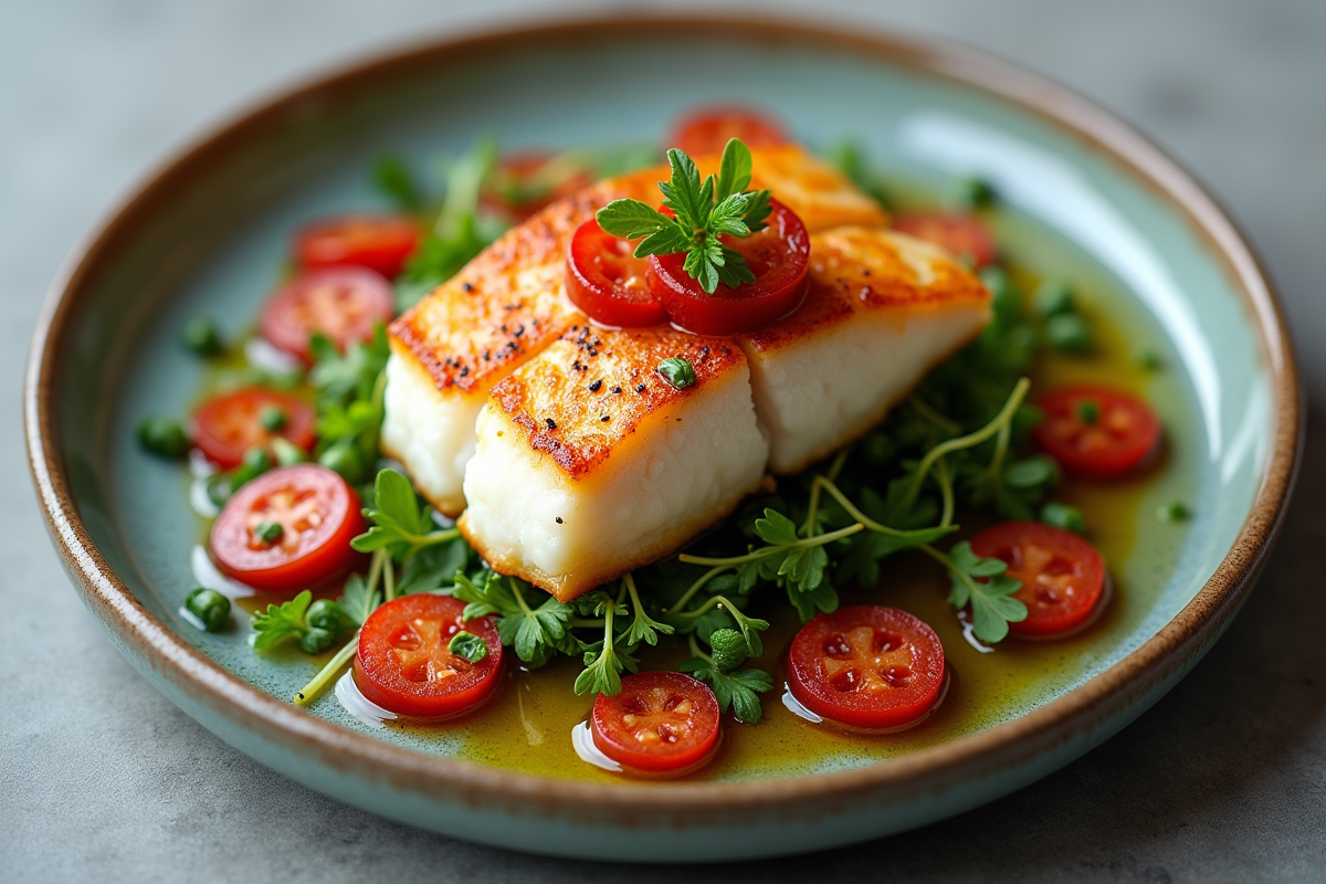 Gros plan sur filet de cod avec chorizo et microgreens
