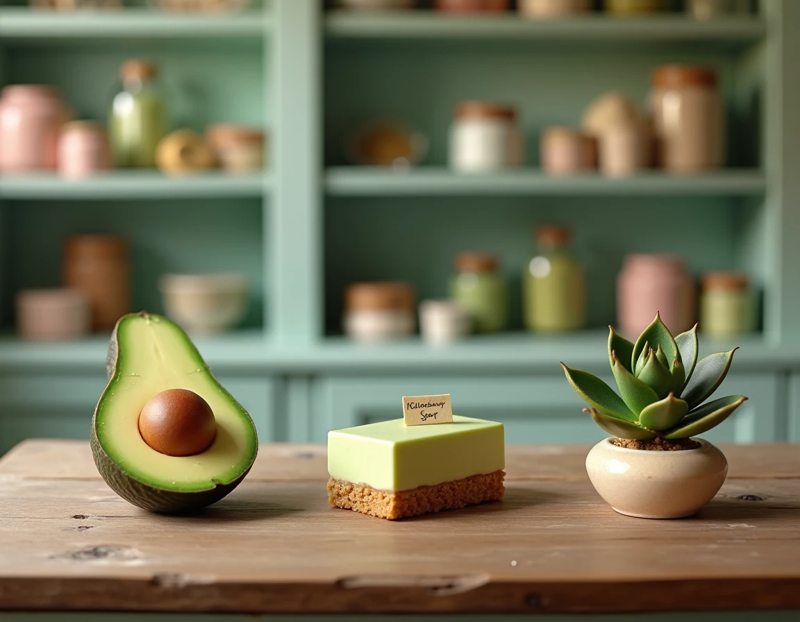 Collection de pâtisseries trompe l'oeil artisanales représentant un avocat, un savon et une plante succulente sur une table en bois