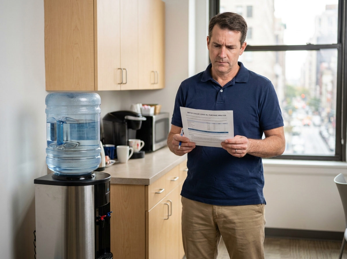 Responsable d'entreprise comparant les options d'achat et de location d'une fontaine à eau dans une salle de pause