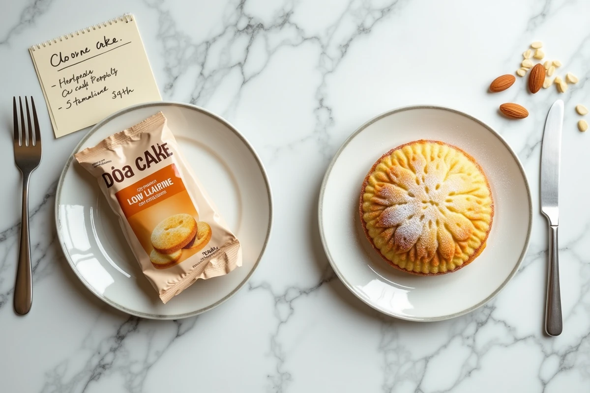 Comparaison côte à côte d'un gâteau industriel peu calorique et d'un gâteau fait maison sur un comptoir en marbre