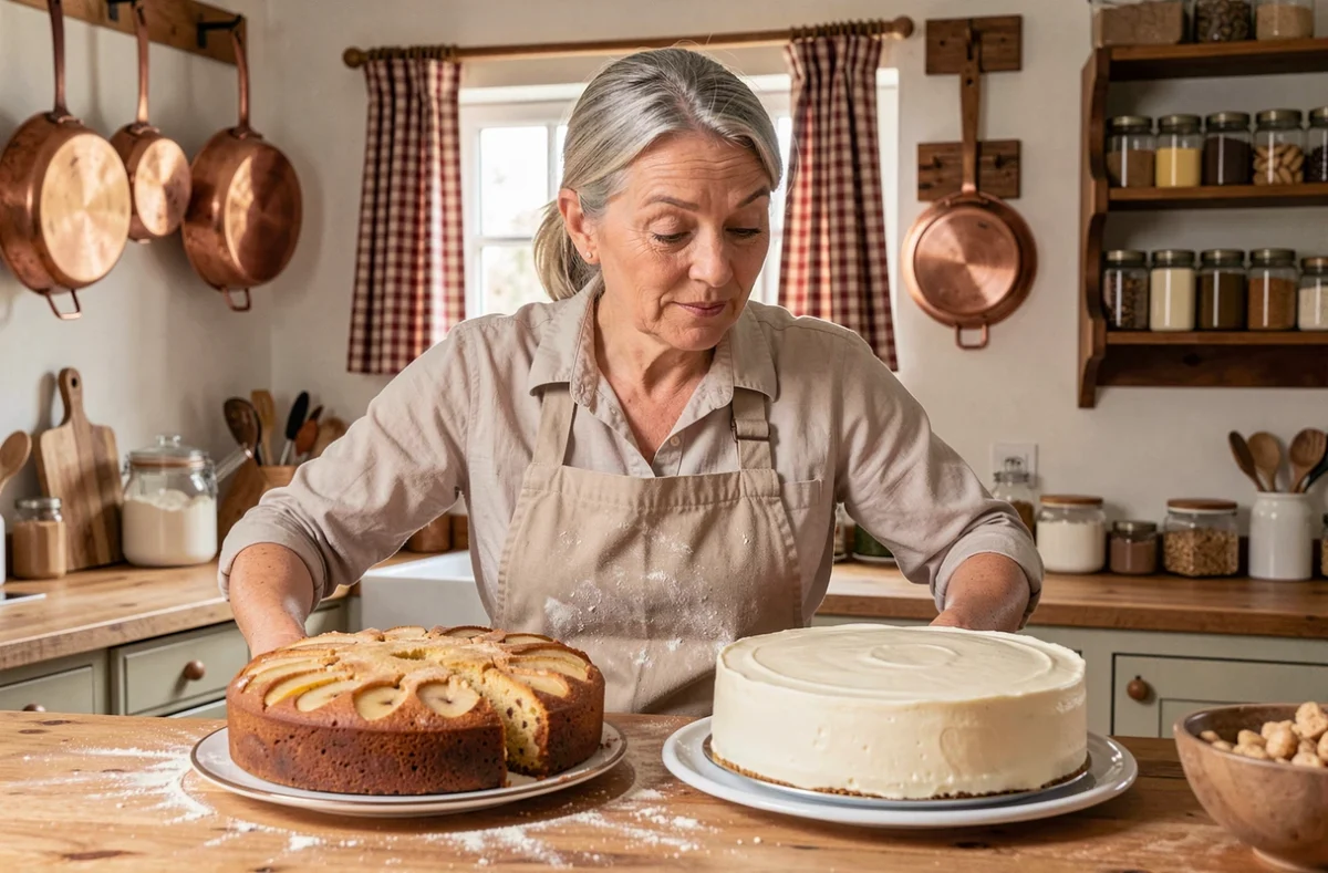 Femme d'âge mûr en tablier comparant un gâteau poire grand-mère et un gâteau au yaourt côte à côte dans une cuisine traditionnelle française