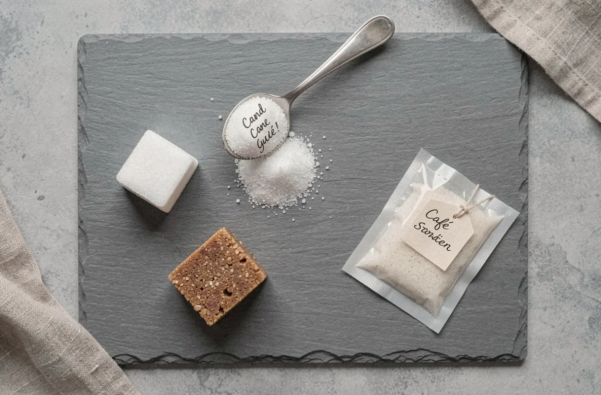 Comparaison de différentes portions de sucre en vue de dessus sur ardoise grise : sucre en morceau blanc, sucre roux, sucre en poudre et sachet individuel pour illustrer les quantités de consommation journalière