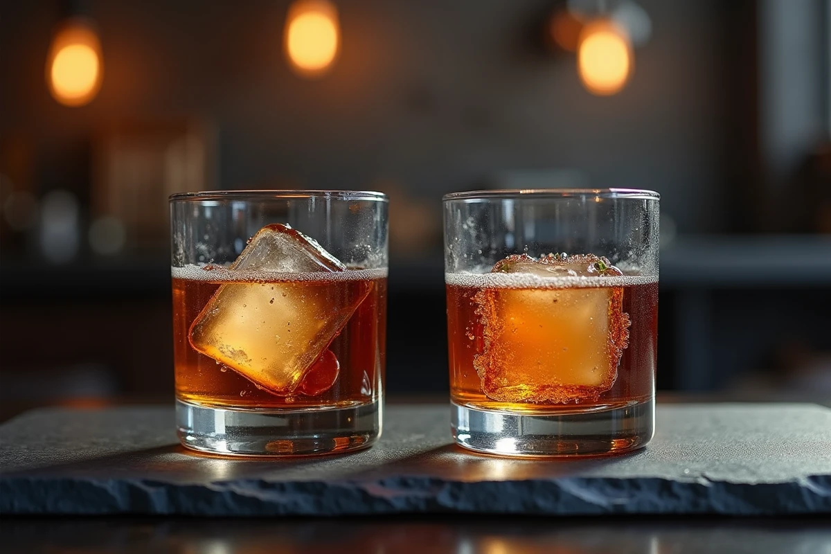 Deux verres de liqueur amère aux herbes avec glaçon sur une surface en ardoise noire comparaison visuelle