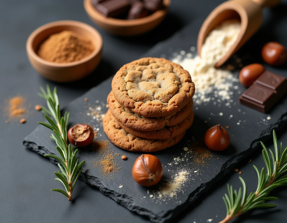 Composition culinaire de cookies sans gluten avec farines de teff et châtaigne sur ardoise foncée