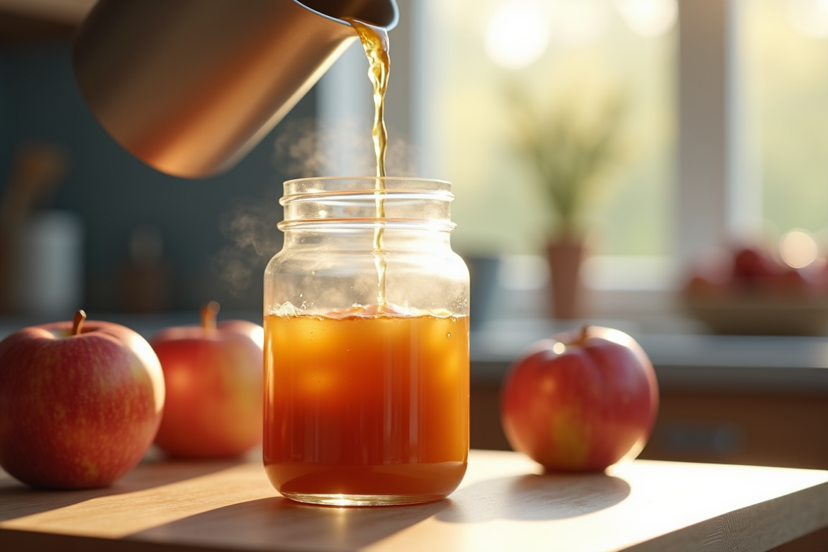 Compote de pommes fraîche versée dans un pot en cuisine
