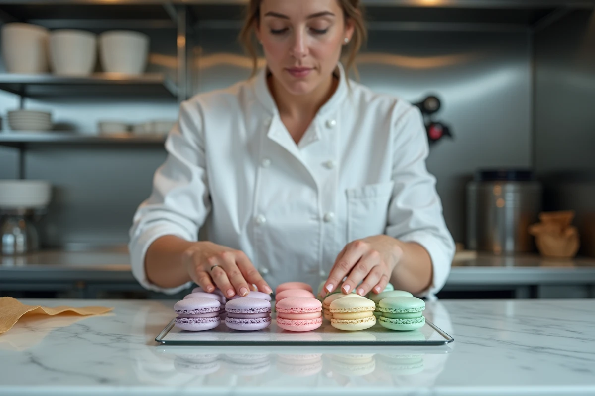 Cheffe pâtissière rangeant des coques de macarons vides dans une boîte hermétique en verre sur un plan de travail en marbre