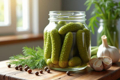 Conserves de légumes fermentés dans un bocal sur un plan de cuisine en bois