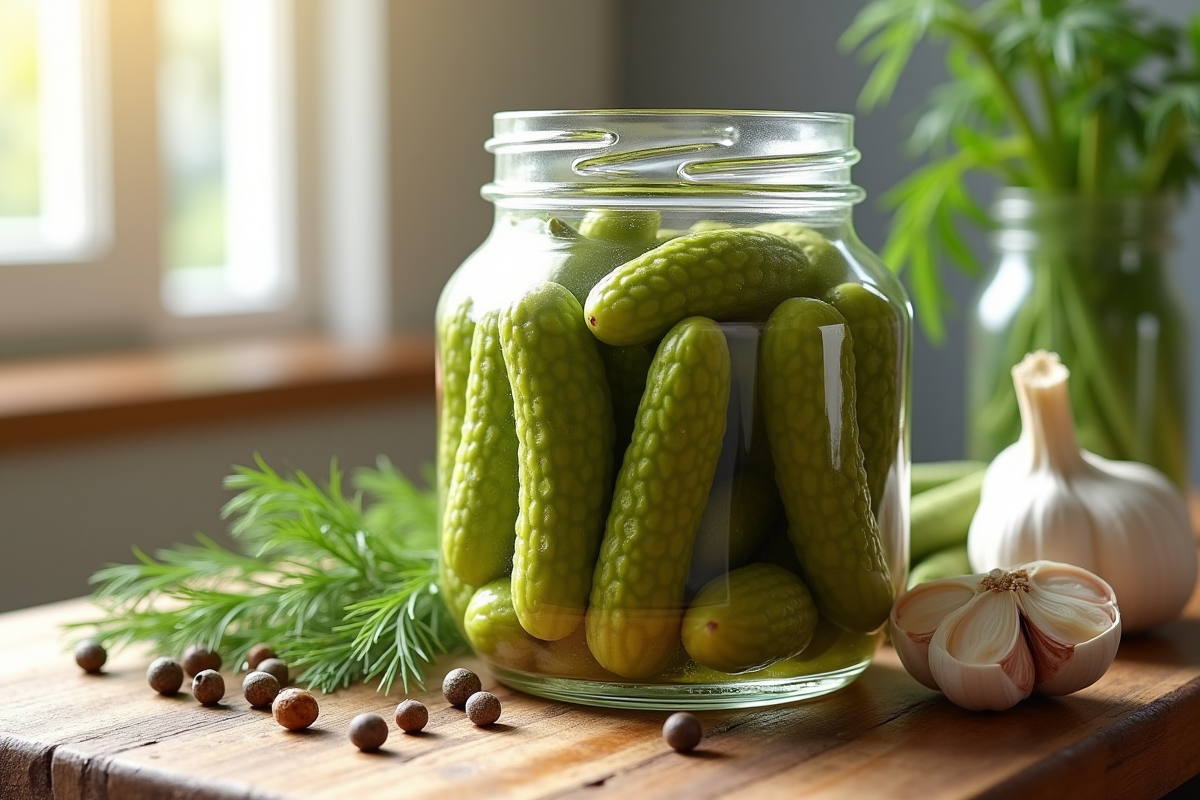 Conserves de légumes fermentés dans un bocal sur un plan de cuisine en bois