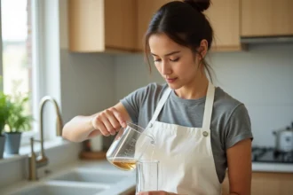 Femme versant un liquide d'un verre gradué en millilitres dans un pichet en verre sur un plan de travail en marbre, illustration de la conversion millilitre en litre en cuisine