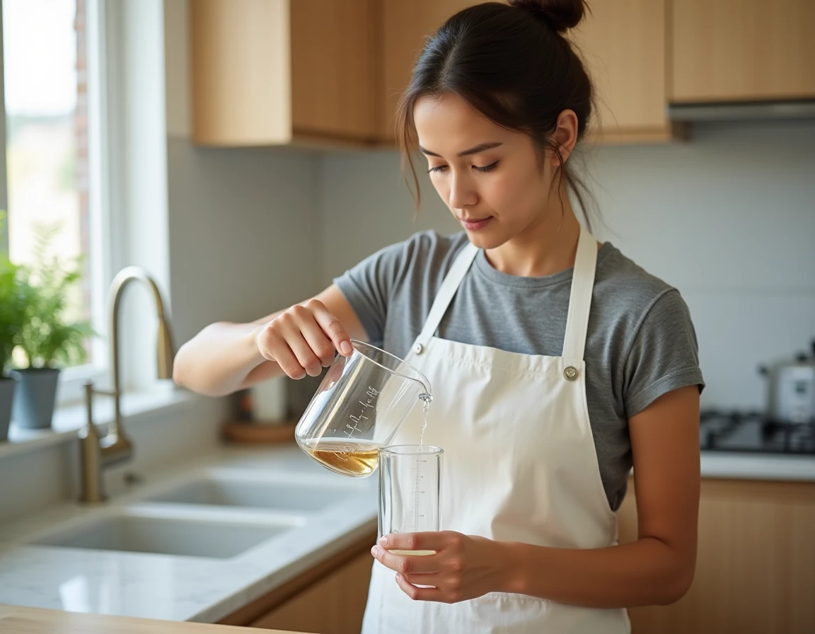 Femme versant un liquide d'un verre gradué en millilitres dans un pichet en verre sur un plan de travail en marbre, illustration de la conversion millilitre en litre en cuisine