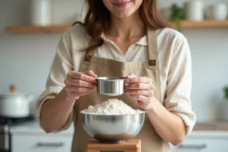 Femme mesurant une tasse de farine sur une balance de cuisine affichant les grammes
