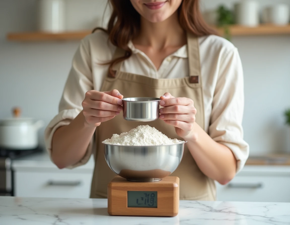 Femme mesurant une tasse de farine sur une balance de cuisine affichant les grammes