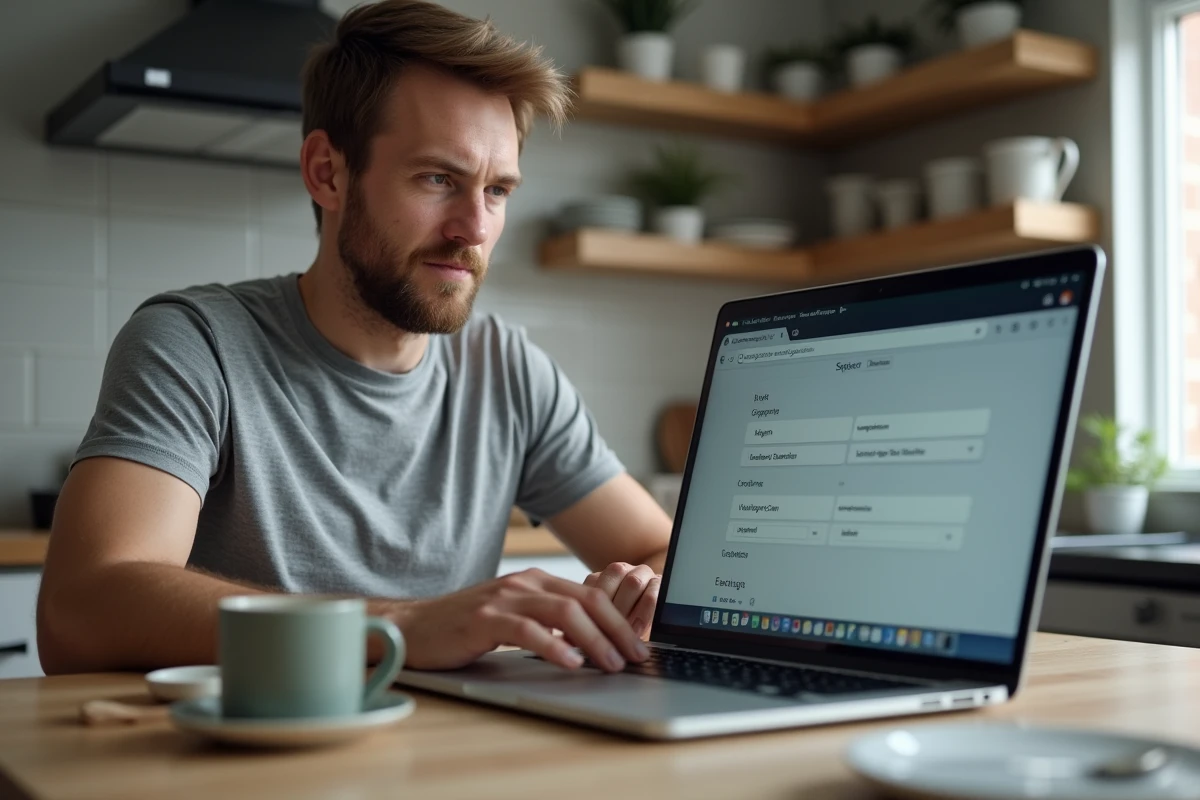 Homme utilisant un convertisseur grammes en centilitres en ligne sur un ordinateur portable dans une cuisine moderne