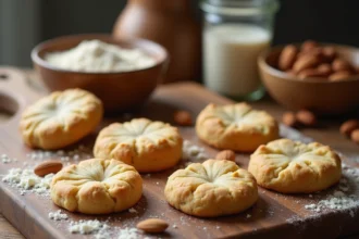 Cookies sans gluten dorés sur une planche en bois rustique avec farines alternatives de sarrasin et amande