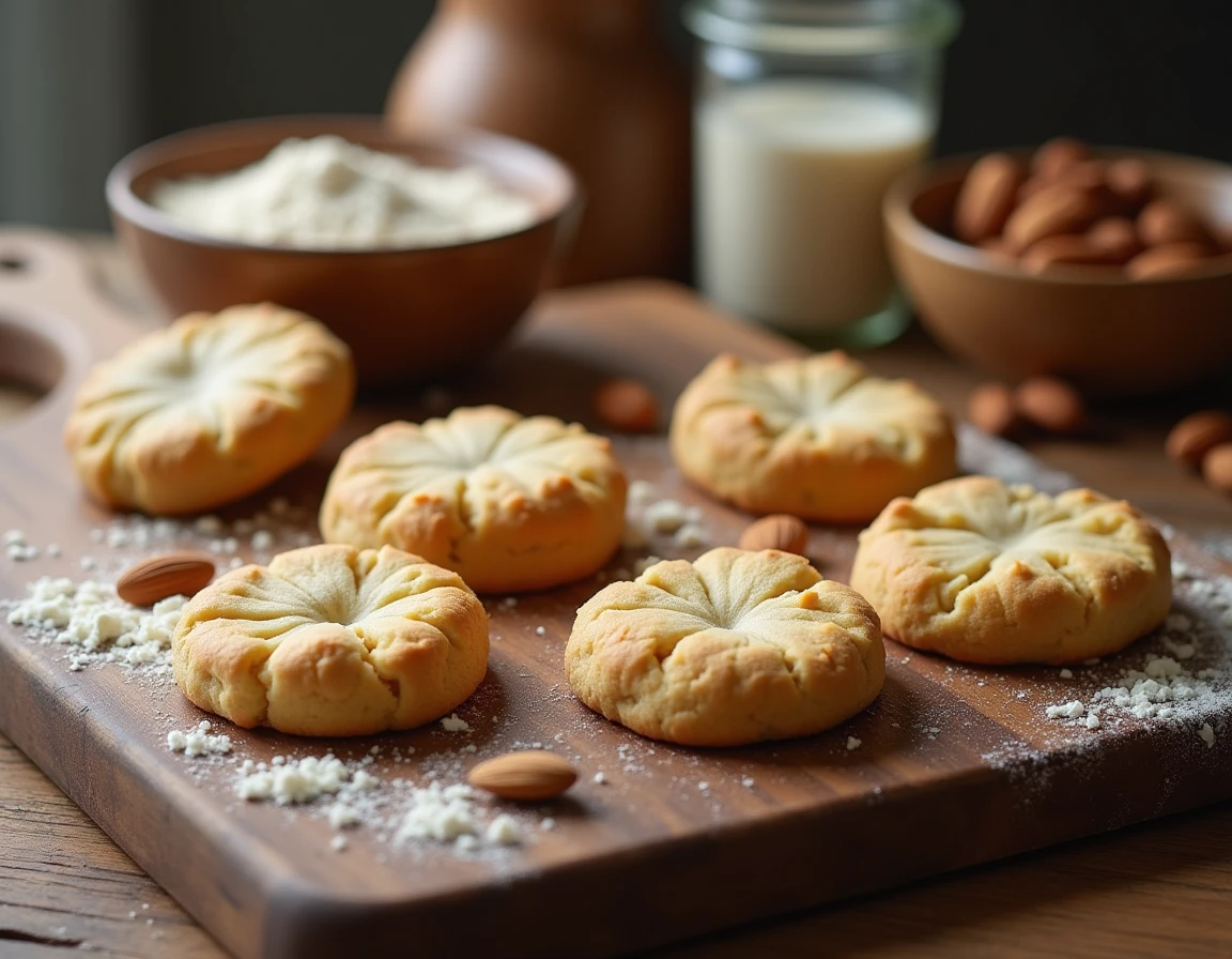 Cookies sans gluten dorés sur une planche en bois rustique avec farines alternatives de sarrasin et amande