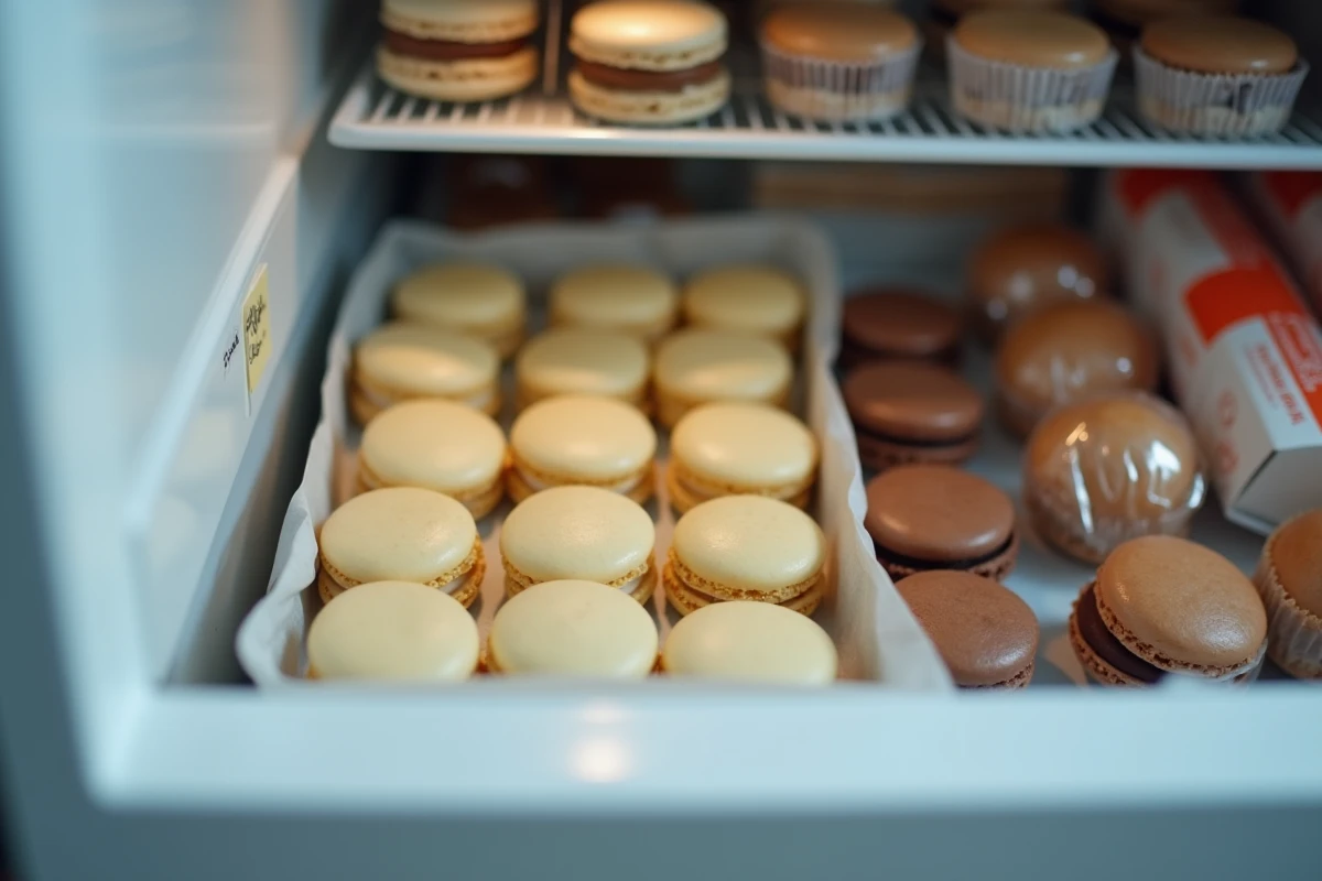Coques de macarons vides disposées sur une plaque recouverte de papier cuisson dans un congélateur ouvert pour conservation longue durée