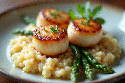 Coquilles sechees élégamment présentées avec risotto crémeux et asperges