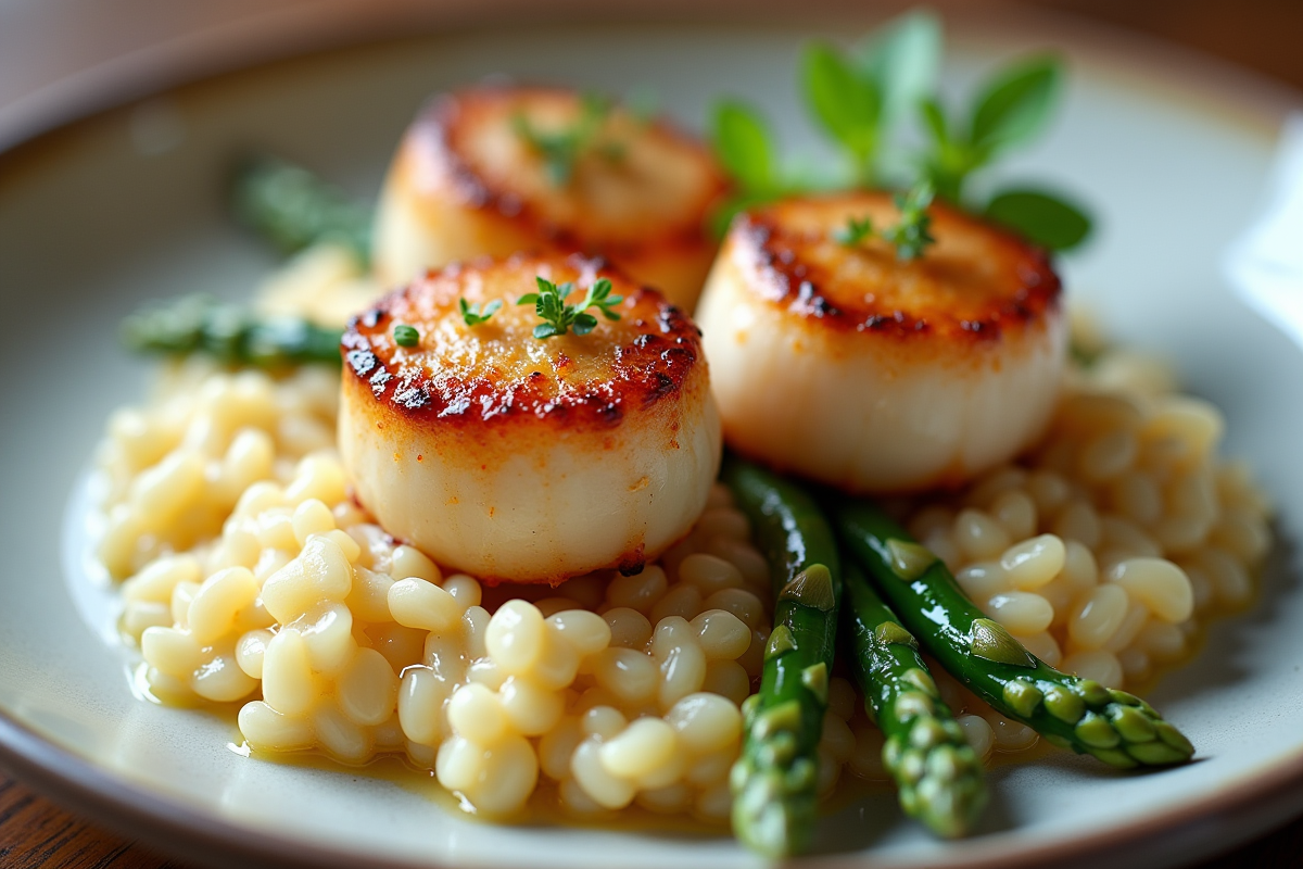 Coquilles sechees élégamment présentées avec risotto crémeux et asperges
