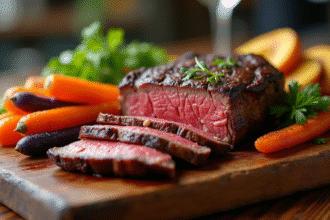 Côte de boeuf tranchée sur planche en bois rustique avec légumes colorés