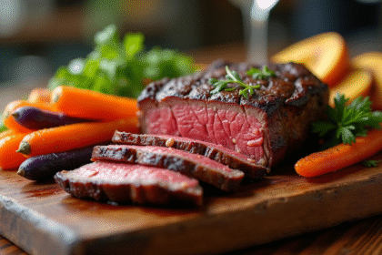 Côte de boeuf tranchée sur planche en bois rustique avec légumes colorés