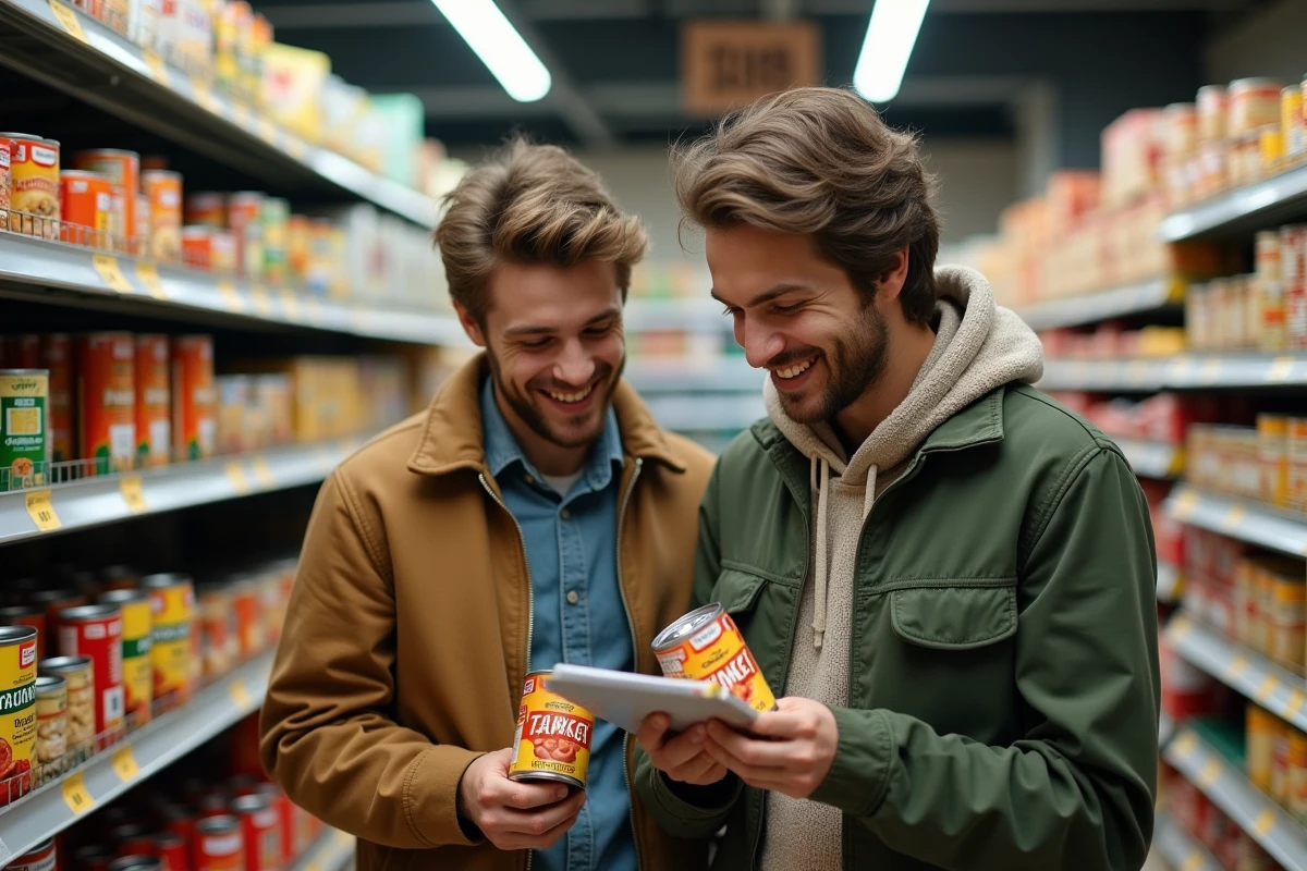 Jeune couple comparant des produits économiques dans un supermarché avec une liste de courses pour manger sainement à petit budget