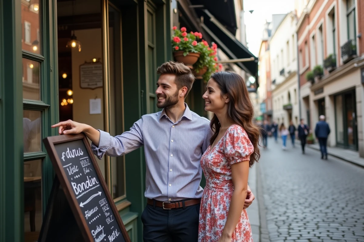 Couple lisant la carte affichée devant un restaurant du Vieux-Lille, façades flamandes et pavés en arrière-plan