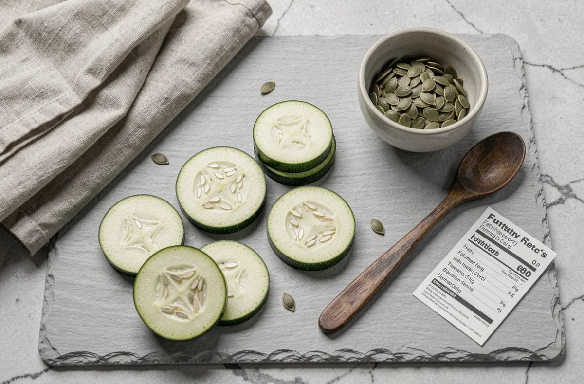 Vue aérienne de rondelles de courgette coupées sur une ardoise grise avec des graines et une cuillère en bois, illustrant les bienfaits nutritionnels des légumes en Z
