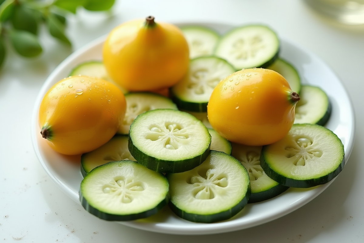 Courgettes tranchées et jujubes entiers sur une assiette blanche