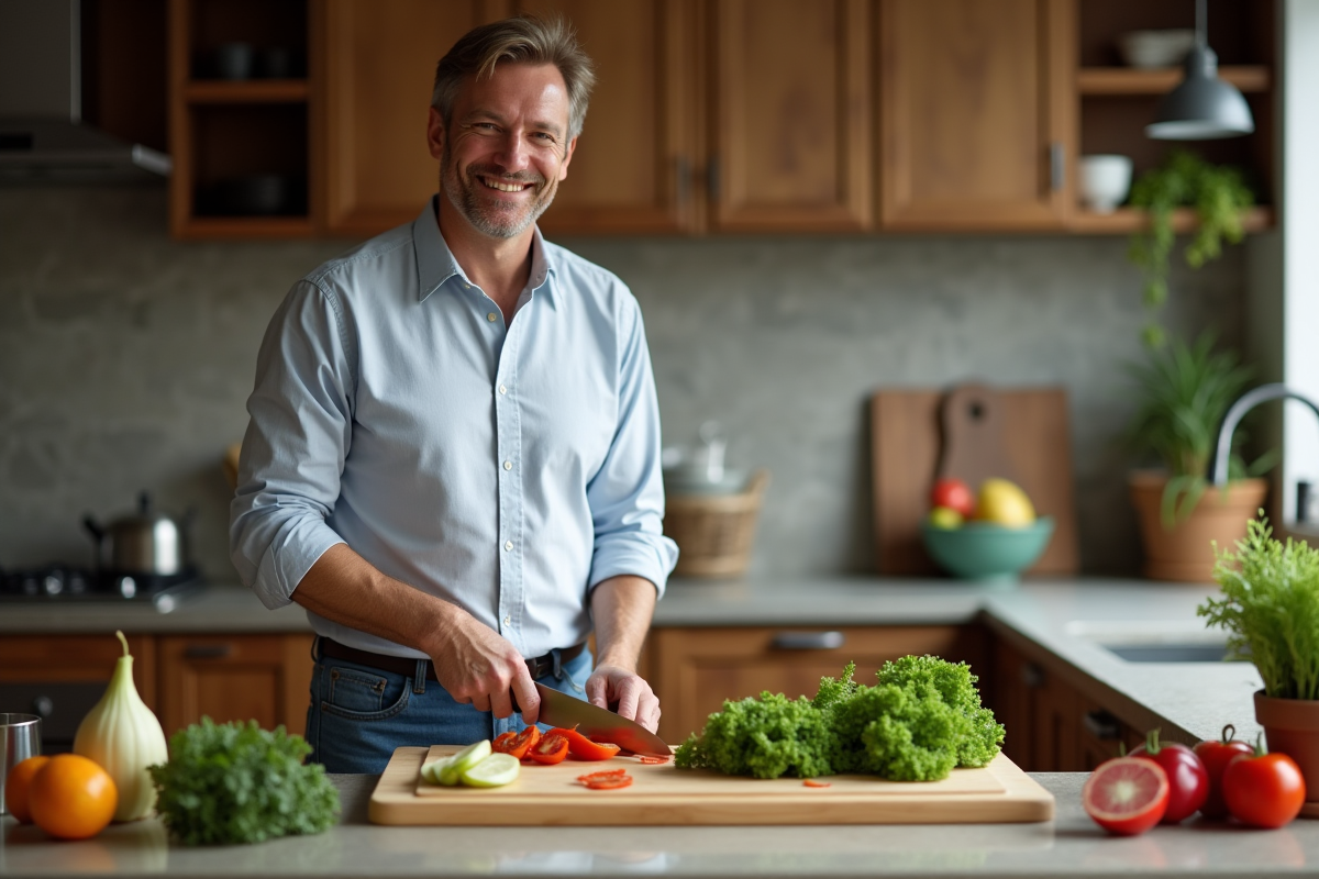 Homme d'âge moyen coupant des légumes frais dans une cuisine chaleureuse
