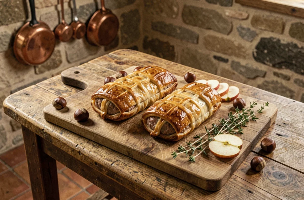 Crépinettes de fête dorées sur une planche en bois rustique entourées de marrons rôtis et de tranches de pomme dans une cuisine de ferme française