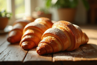 Croissants beurrés frais sur une table en bois au matin