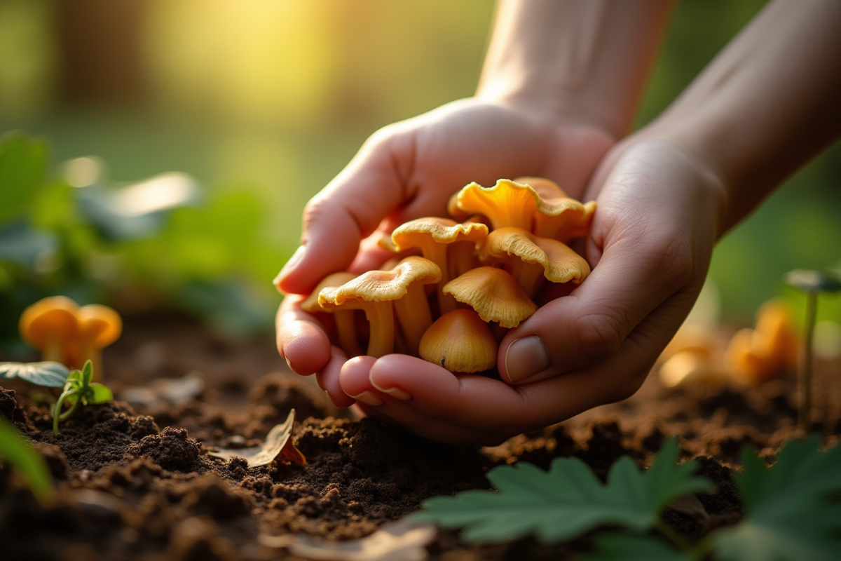 Main récoltant des chanterelles dans la terre du jardin en plein après-midi