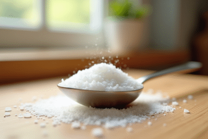 Cuillère à café en acier inoxydable avec du sucre blanc fin
