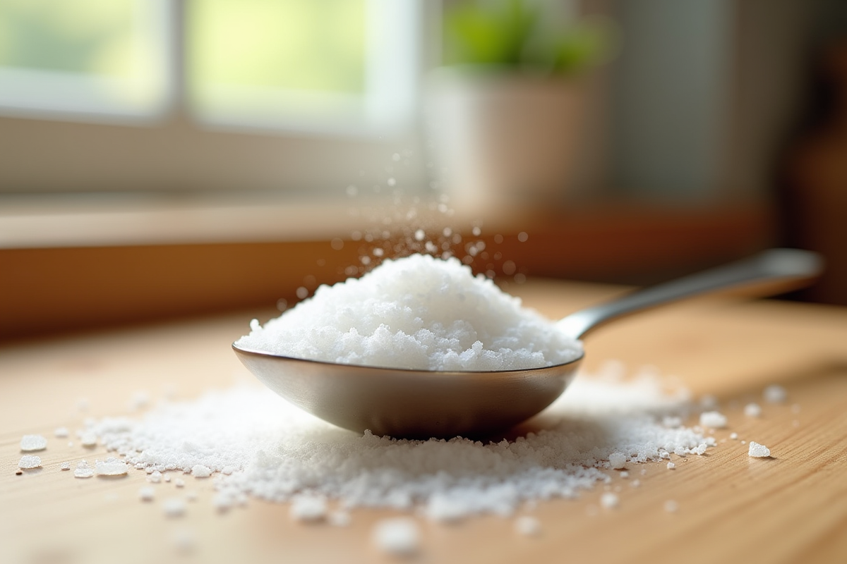 Cuillère à café en acier inoxydable avec du sucre blanc fin