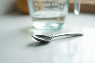 Cuillère en inox remplie d'eau sur plan de travail blanc