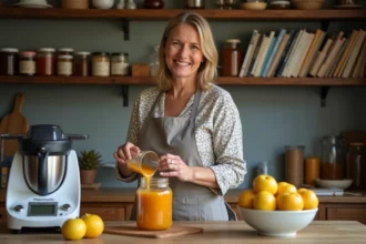 Femme en cuisine préparant de la confiture de quinces