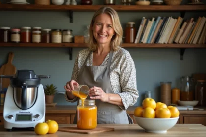 Femme en cuisine préparant de la confiture de quinces