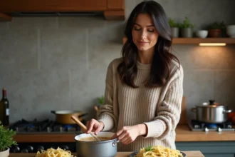 Femme préparant une sauce aux porcini dans la cuisine