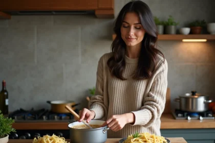 Femme préparant une sauce aux porcini dans la cuisine
